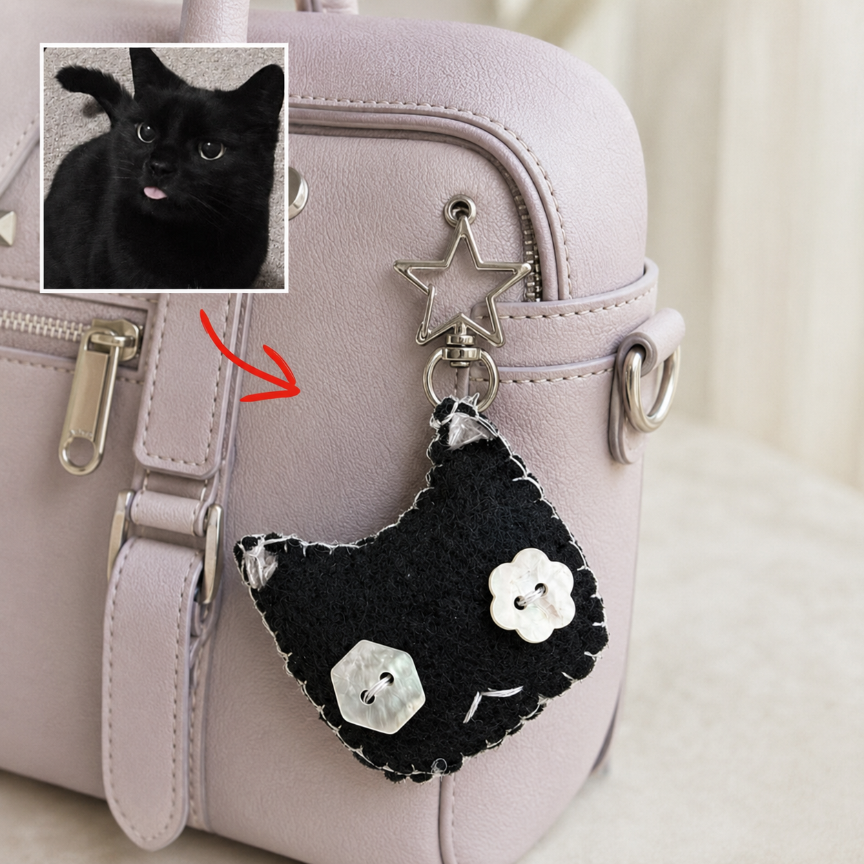black custom felt cat keychain hanging from a pale lilac bag beside a pet photo
