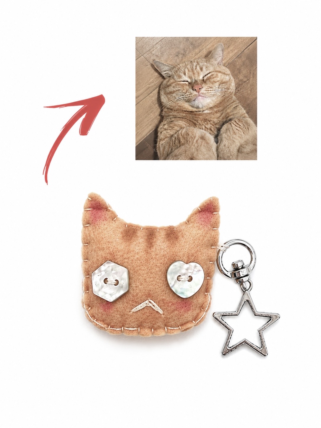 ginger felt cat keychain beside the pet that inspired it