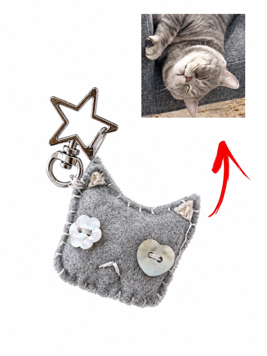grey custom felt cat keychain beside a pet photo